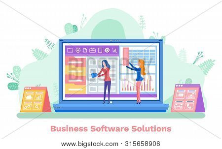 Women Corporate And Communication With Laptop. Monitor Of Computer With Push Icons, App Development 