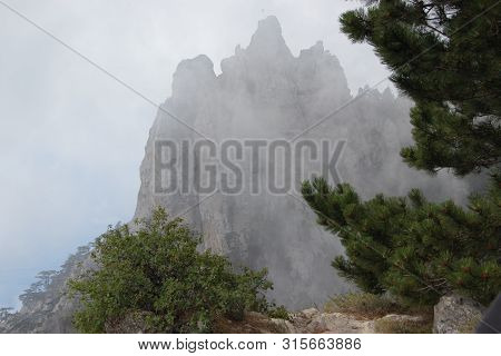 Ai-petri Mountain In The Fog. High Mountain. Crimea. Russian Mountains. Low Clouds. Beautiful Mounta
