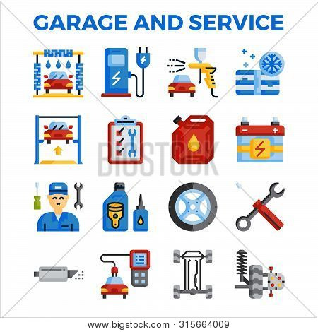 Automotive Garage And Service Flat Icon Collection. Pixel Perfect Alignment Icon. Vector Illustratio