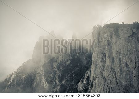 Ai-petri Mountain In The Fog. High Mountain. Crimea. Russian Mountains. Low Clouds. Beautiful Mounta