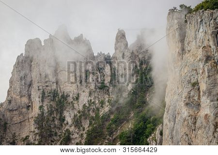 Ai-petri Mountain In The Fog. High Mountain. Crimea. Russian Mountains. Low Clouds. Beautiful Mounta