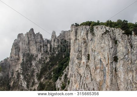 Ai-petri Mountain In The Fog. High Mountain. Crimea. Russian Mountains. Low Clouds. Beautiful Mounta