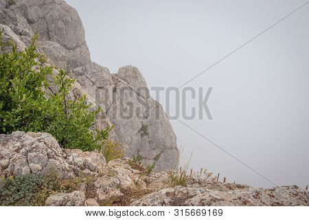 Ai-petri Mountain In The Fog. High Mountain. Crimea. Russian Mountains. Low Clouds. Beautiful Mounta