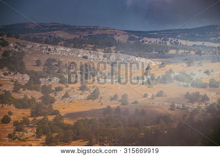 Ai-petri Mountain In The Fog. High Mountain. Crimea. Russian Mountains. Low Clouds. Beautiful Mounta