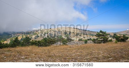 Ai-petri Mountain In The Fog. High Mountain. Crimea. Russian Mountains. Low Clouds. Beautiful Mounta