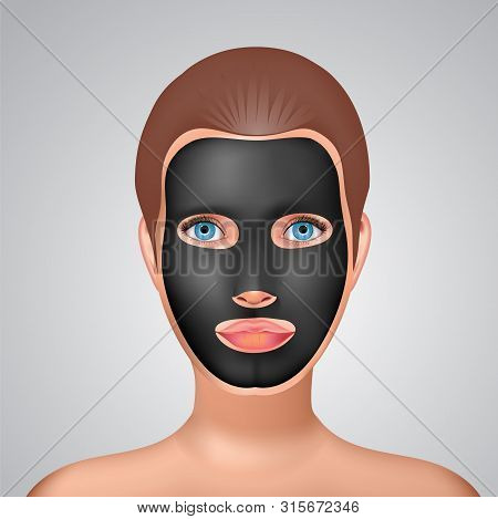 Beauty Fashion Girl Apply Facial Charcoal Black Mask. Line Style Vector Illustration.