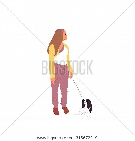 Young Girl Is Walking With A Charles King Cavalier Spaniel.dog On A Leash. Isolated On White Backgro