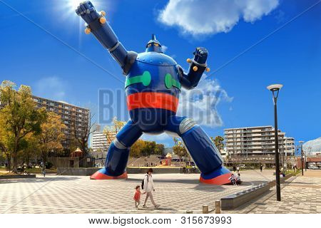 KOBE, JAPAN, APRIL 06, 2019 : The giant Gigantor metal statue in Kobe is a symbol for protecting the city against earthquakes