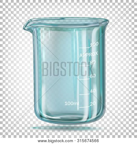 Сhemical Beaker With Measured Divisions. Cylindrical Container With A Flat Bottom. Vector Illustrati