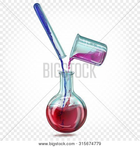 Laboratory Glass Flask, Test Tube And сhemical Beaker With A Transparent Iridescent Colored Liquid. 