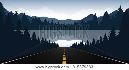 Road To The Lake In The Forest With Blue Mountain Landscape Vector Illustration Eps10