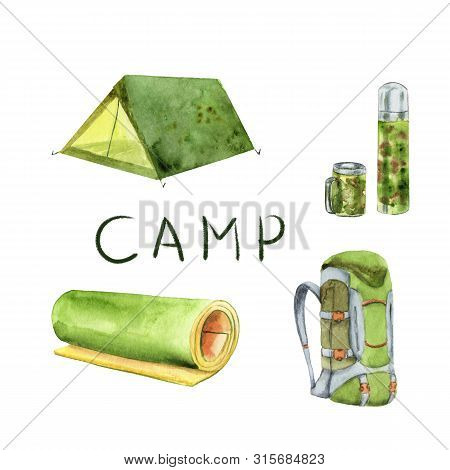 Watercolor Set For Camping - Tent, Thermomug, Rug, Backpack