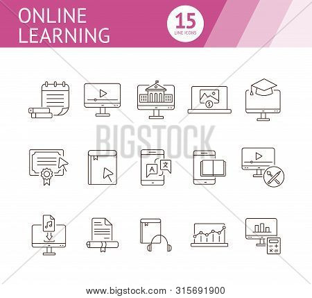 Online Learning Line Icon Set. Course, Lection, Educational Video. Tutorial Concept. Can Be Used For