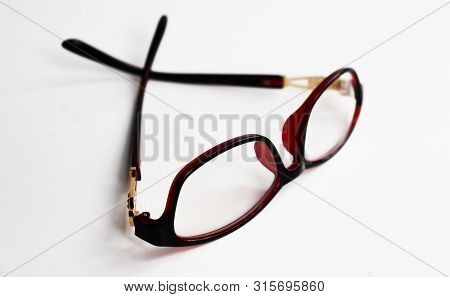 Stylish Red Frame Glasses Isolated On White Background. Red Frame Glasses