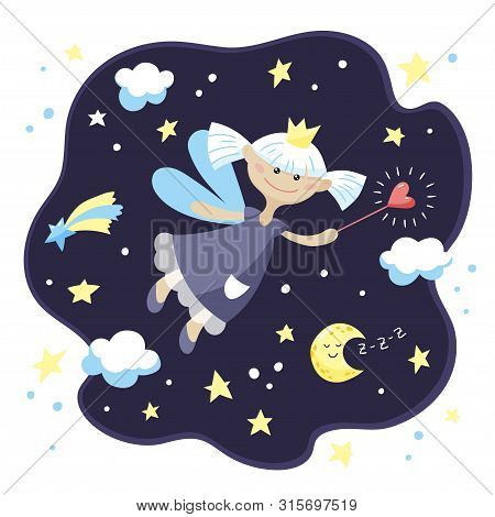 Cute Fairy Girl With A Magic Wand In The Night Sky. Vector Cartoon Illustration.