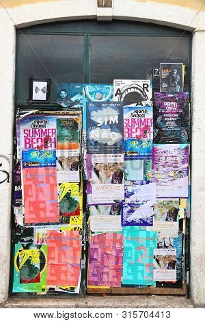 Lisbon, Portugal - June 6, 2018: Concert And Festival Posters Glued To A Gate In Lisbon, Portugal.