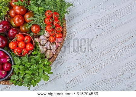 Vegetable Assorted In A Large Basket. Breakfast For A Vegetarian.