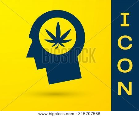 Blue Silhouette Of Male Head In Profile With Marijuana Or Cannabis Leaf Icon Isolated On Yellow Back