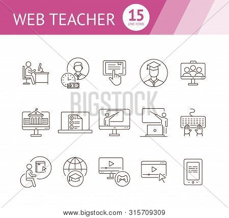 Web Teacher Line Icon Set. Student, Online Class, E-learning. Lesson Concept. Can Be Used For Topics