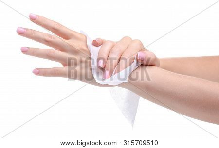 Female Hand Wet Wipe On White Background Isolation, Top View