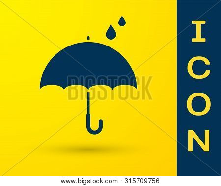 Blue Umbrella And Rain Drops Icon Isolated On Yellow Background. Waterproof Icon. Protection, Safety