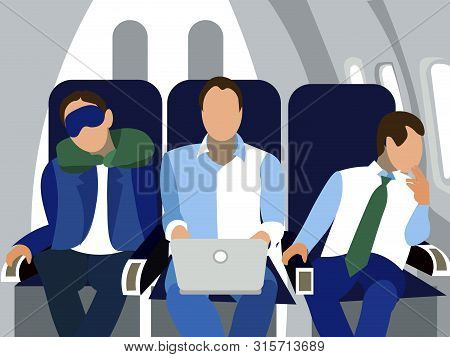 The Cabin, Passengers Of The Flight. In Minimalist Style. Cartoon Flat Vector