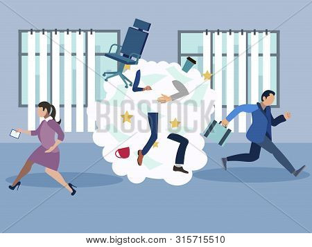Office Brawl, Scandal, Employees Flee From The Place Of Negativity. In Minimalist Style. Cartoon Fla