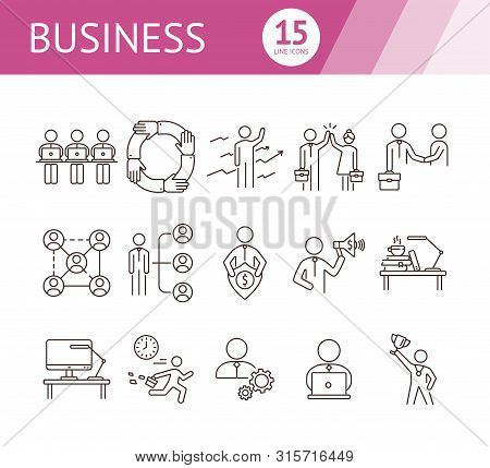Business Icons. Set Of Line Icons On White Background. Business Hierarchy, Workday, Workplace. Caree