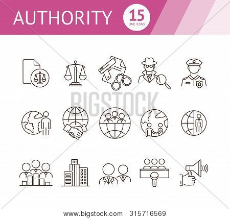 Authority Line Icon Set. Police Officer, Detective, Globe, Handshake. Authority Concept. Can Be Used