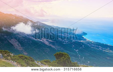Aerial Scenic View From Llogara Pass Mountains To Albanian Riviera Beach And Ionian Sea Coastline