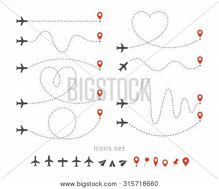 Set Icons Of Travel Way By Plane. Takeoff And Landing Of A Passenger Plane. Flight Route Infographic