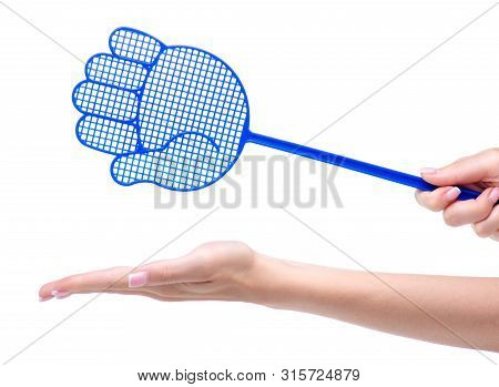 Blue Fly Swatter In Hand On A White Background Isolation