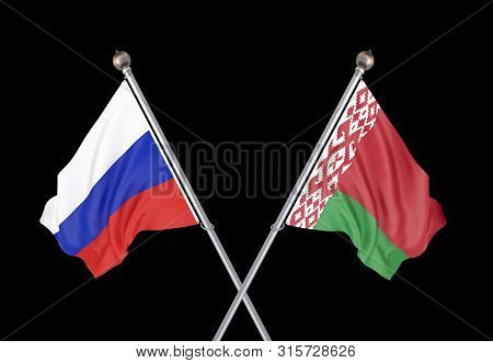 Russia Vs Belorussia. Thick Colored Silky Flags Of Russia And Belorussia. 3d Illustration On Black B