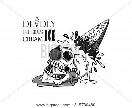 Clown Skull Ice Cream Fell On The Ground, Waffle Cone Sticking Up And Splashes Fly Away, The Ice Cre