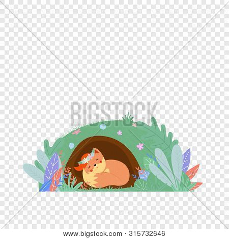Cute Fox In Wreath Sleeping In Foxy Burrow Isolated On Transparent Background, Sweet Kawaii Animal G