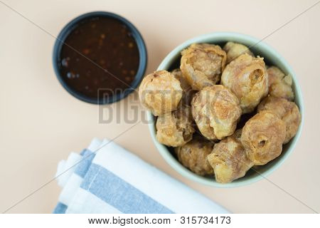 Fried Shrimp Balls (shrimp Meatballs) Appetizer In Thai Style. Selective Focus. Top View