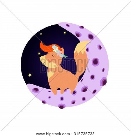 Cute Fox In Flower Wreath Ginger Forelock Stand On Moon In Night Sky With Glowing Star On Nose, Good