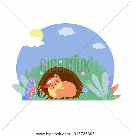 Cute Fox In Flower Wreath Sleep In Foxhole At Sunny Day, Nature, Woodland Sweet Animal Kids Design, 