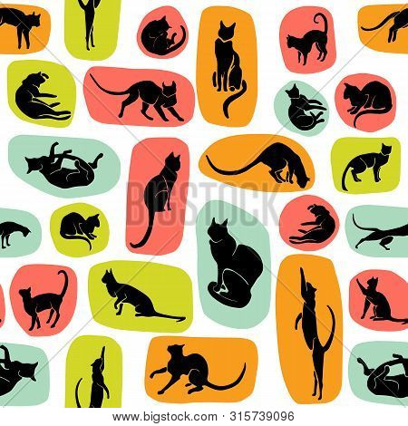 Hand Drawn Vector Cat Silhouette Pattern In Trndy Colors.