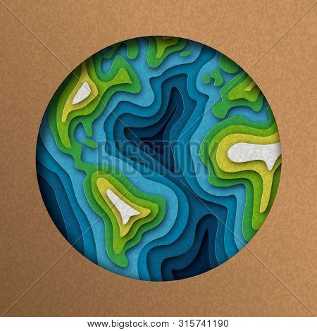 Earth Illustration Of Green Papercut World Map. Layered Paper Cutout For Planet Conservation.