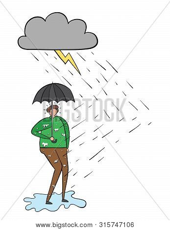 It's Raining And The Man Gets Wet Even Though He Opens An Umbrella.