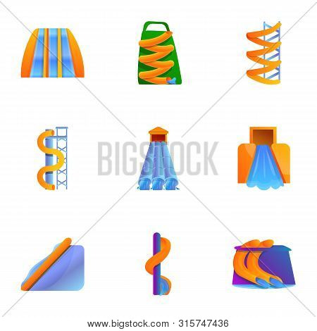 Waterpark Icon Set. Cartoon Set Of 9 Waterpark Vector Icons For Web Design Isolated On White Backgro