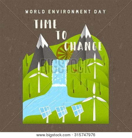 World Environment Day Illustration For Ecology Concept. Natural Ecosystem Landscape With Green Energ