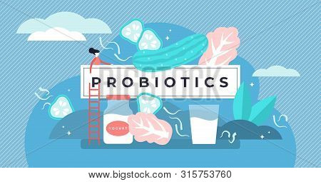 Probiotics Vector Illustration. Flat Tiny Gut Flora Microorganisms Persons Concept. Healthy Food And