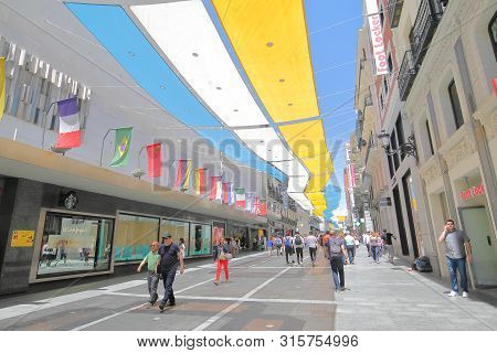 Madrid Spain - May 27, 2019: Unidentified People Visit Calle Preciados Shopping Street Madrid Spain
