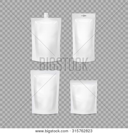 Realistic Detailed 3d Various White Blank Doypack Template Mockup Set. Vector