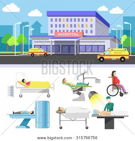 Hospital building and patients  flat icons for medical infographics. Dentist chair, surgeon operation table, therapist mri tomography scan, ambulance wheelchair for pregnant and emergency room