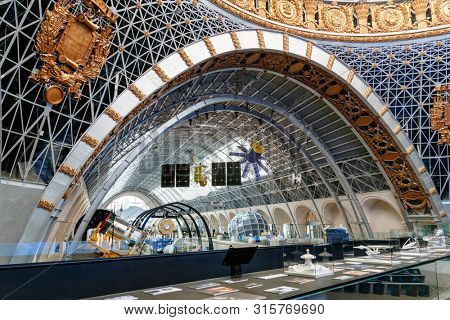 Moscow, Russia - November 28, 2018: Interior exhibition in the Space pavilion at VDNH. Modern museum of russian cosmos exploration