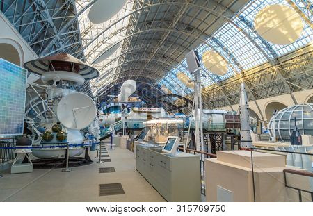Moscow, Russia - November 28, 2018: Interior exhibition in the Space pavilion at VDNH. Modern museum of russian cosmos exploration