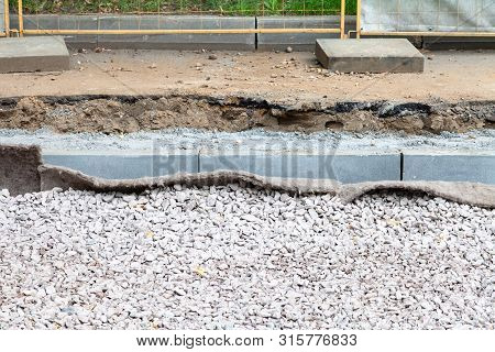 Repair Of Tram Tracks In Moscow City - New Layers Of Tramroad And New Curbs Near Sidewalk